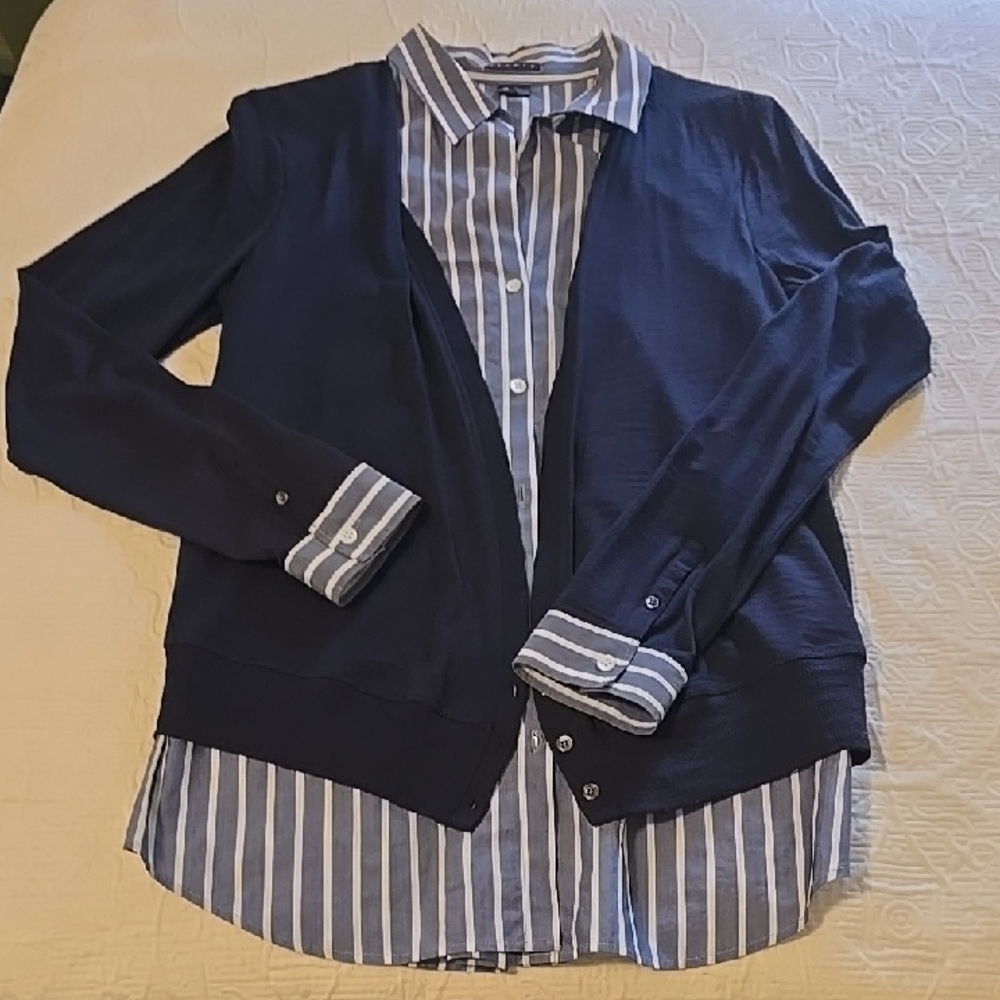 Theory Navy Cardigan Connected Blouse M